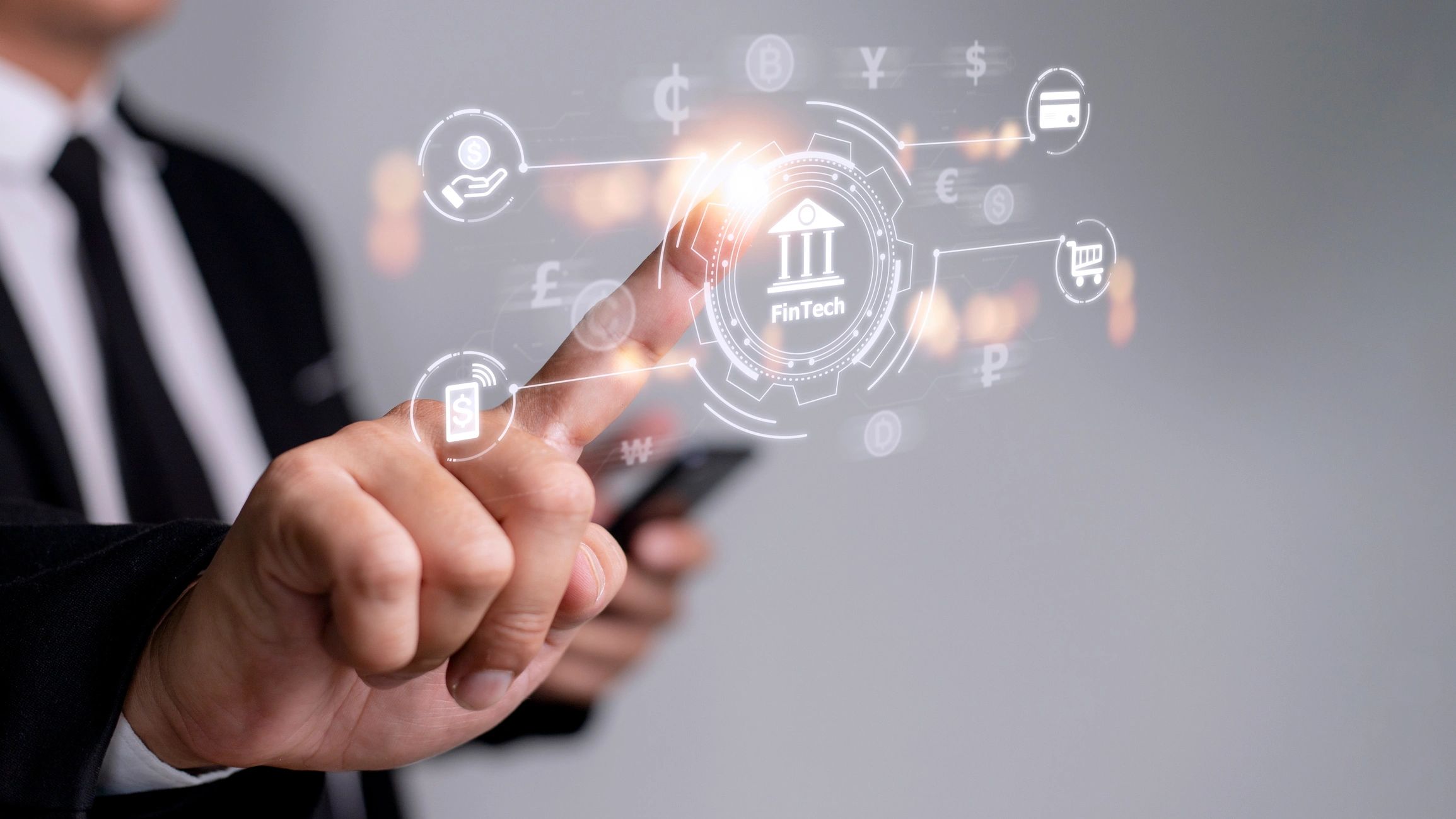 Businessman selecting fintech future
